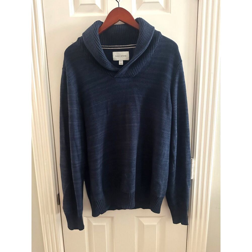 Sun + Stone Men’s Shawl Collar Knit Sweater Blue - Medium